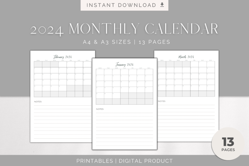 2024 Printable Monthly Calendar with Notes Section | PDF Digital File | A4 & A3 Sizes | Clean and Simple Minimalist Design - Image 2