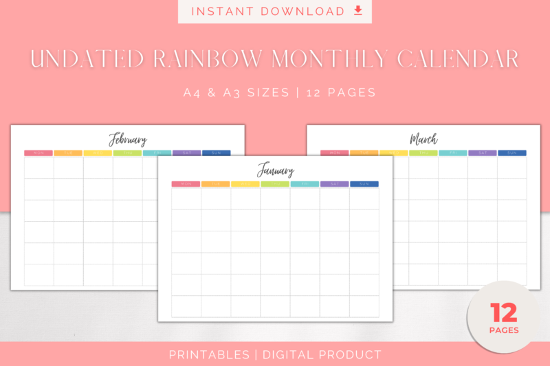 Printable Blank Undated Reusable Rainbow Monthly Calendar | PDF Digital File | A4 & A3 Sizes | Monday/Sunday Start - Image 3