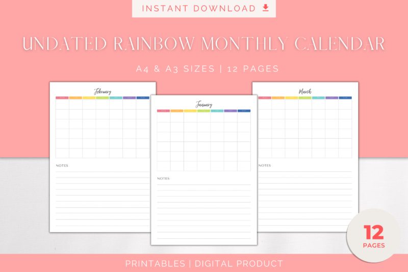 Printable Blank Undated Reusable Rainbow Monthly Calendar with Notes Section | PDF Digital File | A4 & A3 Sizes | Monday/Sunday Start - Image 3