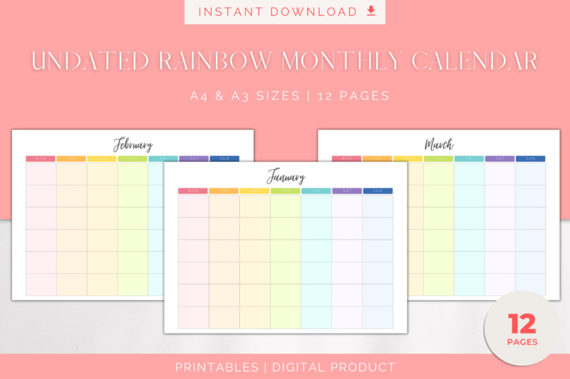 Printable Blank Undated Reusable Rainbow Monthly Calendar | PDF Digital File | A4 & A3 Sizes | Monday/Sunday Start - Image 3