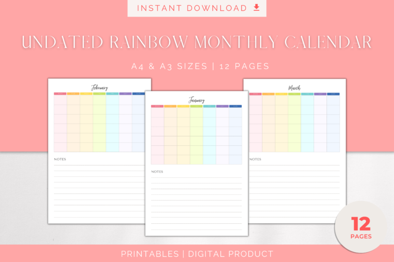 Printable Blank Undated Reusable Rainbow Monthly Calendar with Notes Section | PDF Digital File | A4 & A3 Sizes | Monday/Sunday Start - Image 3