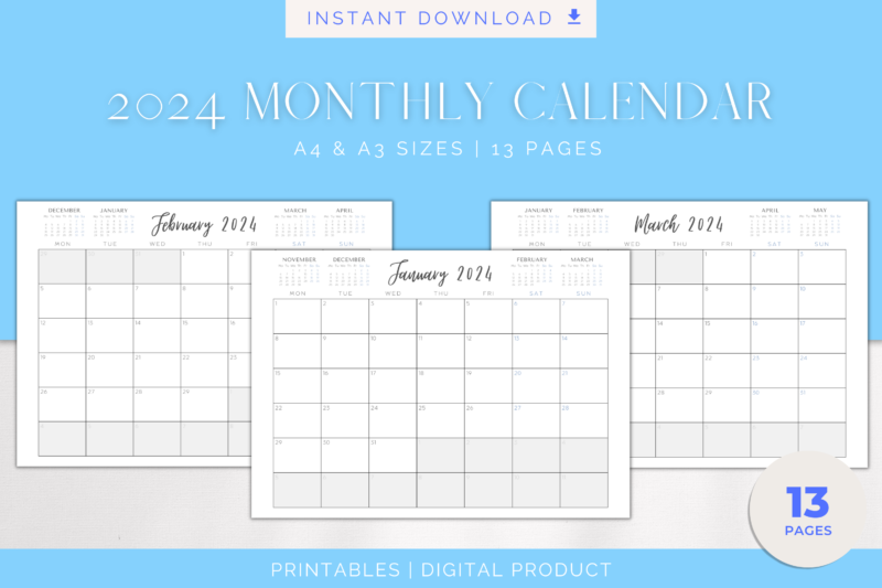 2024 Printable Months-at-a-Glance Monthly Calendar | PDF Digital File | A4 & A3 Sizes | with View of Previous and Next Months on Page - Image 2