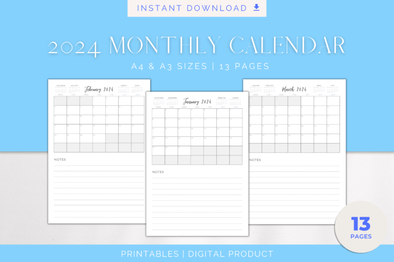 2024 Printable Months-at-a-Glance Monthly Calendar with Notes Section | PDF Digital File | A4 & A3 Sizes | with View of Previous and Next Months on Page - Image 2