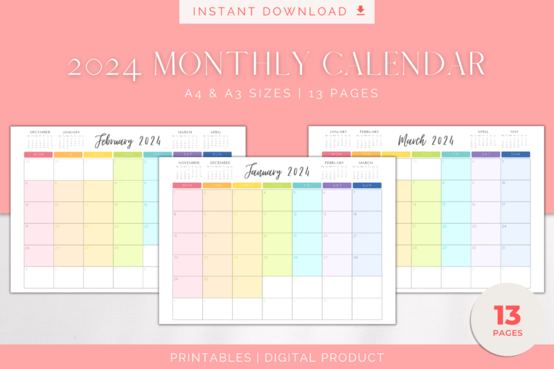 2024 Printable Rainbow Monthly Calendar | PDF Digital File | A4 & A3 Sizes | with View of Previous and Next Months on Page - Image 2