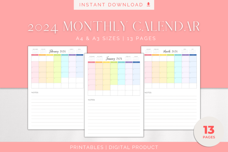 2024 Printable Rainbow Monthly Calendar with Notes Section | PDF Digital File | A4 & A3 Sizes - Image 2