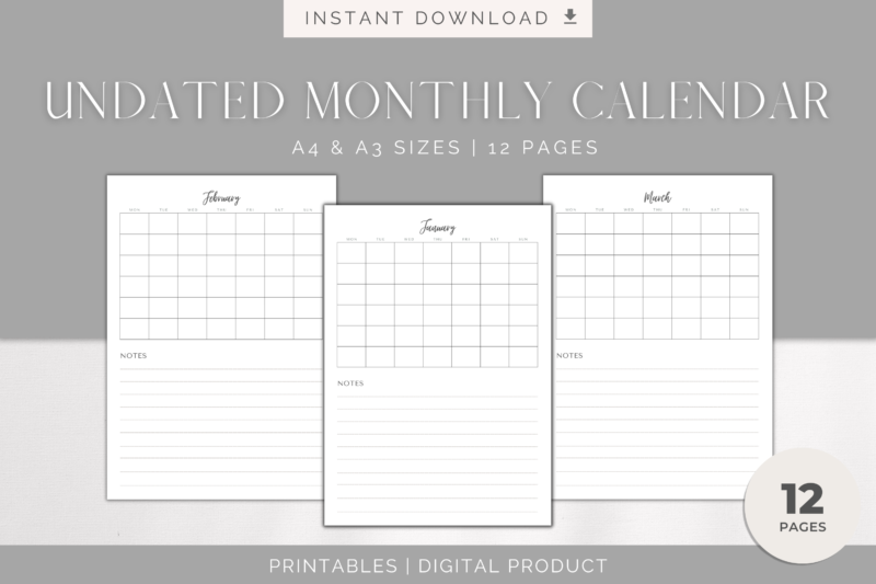 Printable Blank Undated Reusable Monthly Calendar | PDF Digital File | A4 & A3 Sizes | Clean and Simple | Monday/Sunday Start | Notes - Image 3