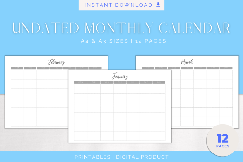 Printable Blank Undated Reusable Grey Monthly Calendar | PDF Digital File | A4 & A3 Sizes | Clean and Simple Design | Monday/Sunday Start - Image 3