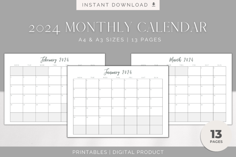 2024 Printable Monthly Calendar | PDF Digital File | A4 & A3 Sizes | Clean and Simple Minimalist Design - Image 2