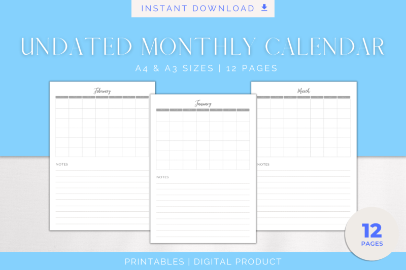 Printable Blank Undated Reusable Grey Monthly Calendar | PDF Digital File | A4 & A3 Sizes | Clean and Simple | Monday/Sunday Start | Notes - Image 3