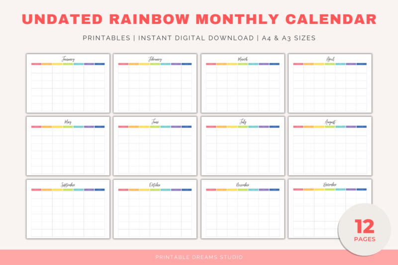 Printable Blank Undated Reusable Rainbow Monthly Calendar | PDF Digital File | A4 & A3 Sizes | Monday/Sunday Start - Image 4