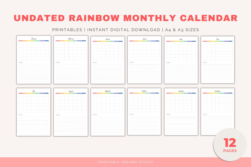 Printable Blank Undated Reusable Rainbow Monthly Calendar with Notes Section | PDF Digital File | A4 & A3 Sizes | Monday/Sunday Start - Image 4