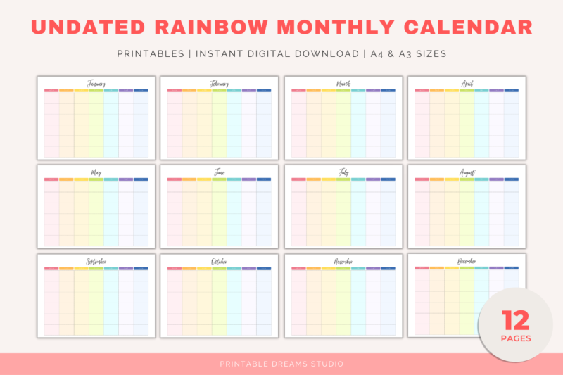 Printable Blank Undated Reusable Rainbow Monthly Calendar | PDF Digital File | A4 & A3 Sizes | Monday/Sunday Start - Image 4