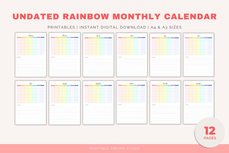 Printable Blank Undated Reusable Rainbow Monthly Calendar with Notes Section | PDF Digital File | A4 & A3 Sizes | Monday/Sunday Start - Image 4