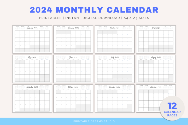 2024 Printable Months-at-a-Glance Monthly Calendar | PDF Digital File | A4 & A3 Sizes | with View of Previous and Next Months on Page - Image 3