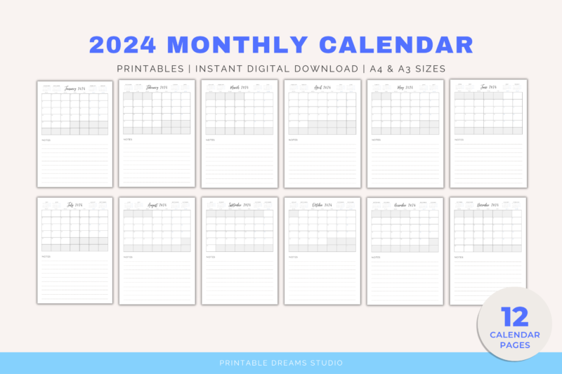 2024 Printable Months-at-a-Glance Monthly Calendar with Notes Section | PDF Digital File | A4 & A3 Sizes | with View of Previous and Next Months on Page - Image 3