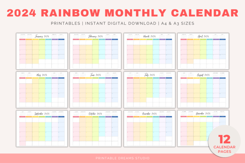 2024 Printable Rainbow Monthly Calendar | PDF Digital File | A4 & A3 Sizes | with View of Previous and Next Months on Page - Image 3