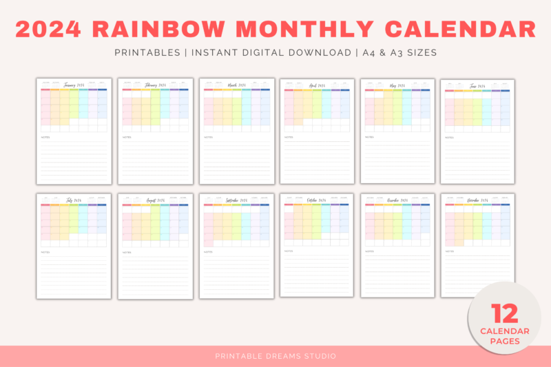 2024 Printable Rainbow Monthly Calendar with Notes Section | PDF Digital File | A4 & A3 Sizes - Image 3