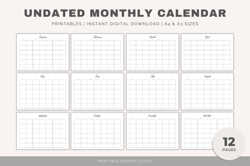 Printable Blank Undated Reusable Monthly Calendar | PDF Digital File | A4 & A3 Sizes | Clean and Simple Design | Monday/Sunday Start - Image 3