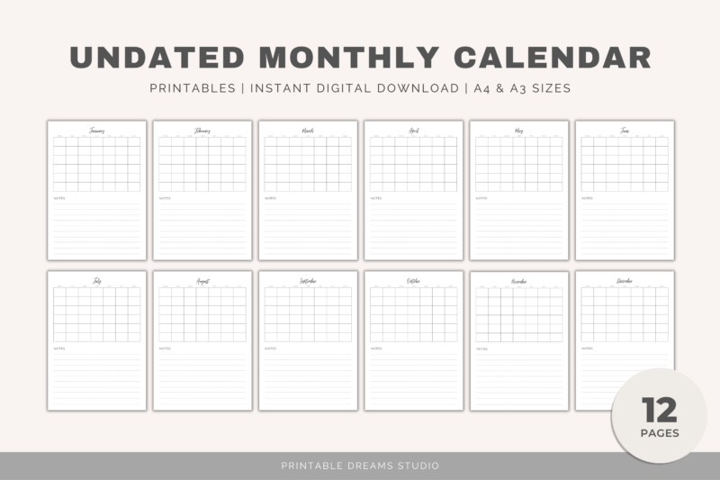 Printable Blank Undated Reusable Monthly Calendar | PDF Digital File | A4 & A3 Sizes | Clean and Simple | Monday/Sunday Start | Notes - Image 4