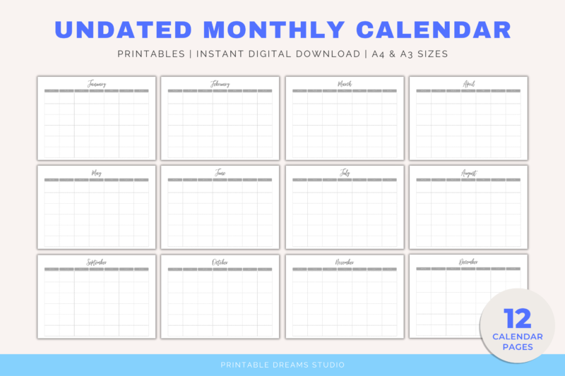 Printable Blank Undated Reusable Grey Monthly Calendar | PDF Digital File | A4 & A3 Sizes | Clean and Simple Design | Monday/Sunday Start - Image 4