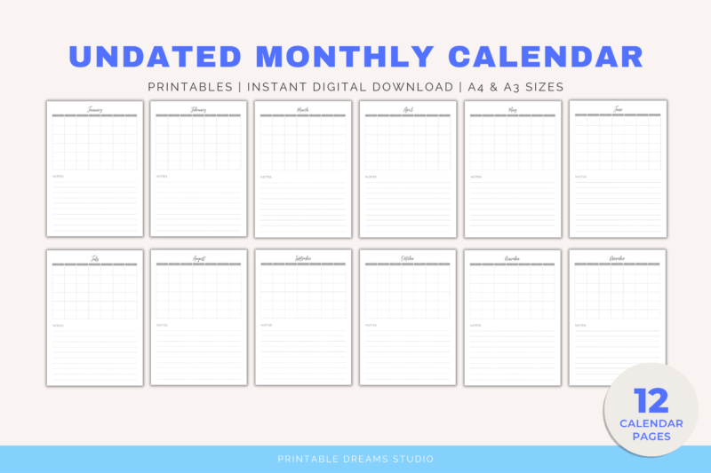 Printable Blank Undated Reusable Grey Monthly Calendar | PDF Digital File | A4 & A3 Sizes | Clean and Simple | Monday/Sunday Start | Notes - Image 4