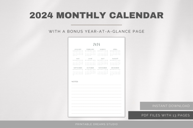 2024 Printable Monthly Calendar with Notes Section | PDF Digital File | A4 & A3 Sizes | Clean and Simple Minimalist Design - Image 4