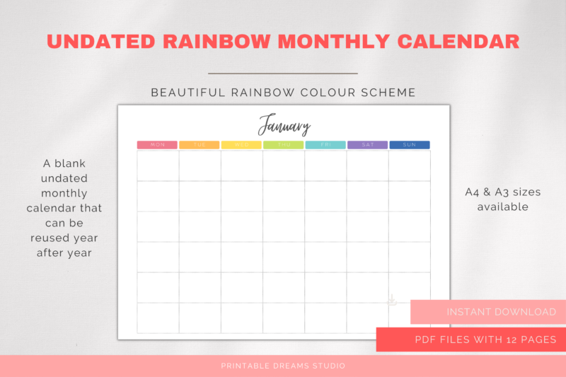 Printable Blank Undated Reusable Rainbow Monthly Calendar | PDF Digital File | A4 & A3 Sizes | Monday/Sunday Start - Image 5