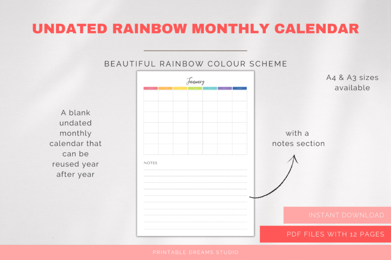 Printable Blank Undated Reusable Rainbow Monthly Calendar with Notes Section | PDF Digital File | A4 & A3 Sizes | Monday/Sunday Start - Image 5