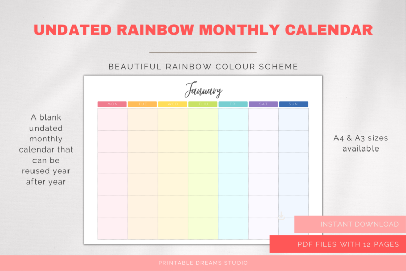 Printable Blank Undated Reusable Rainbow Monthly Calendar | PDF Digital File | A4 & A3 Sizes | Monday/Sunday Start - Image 5