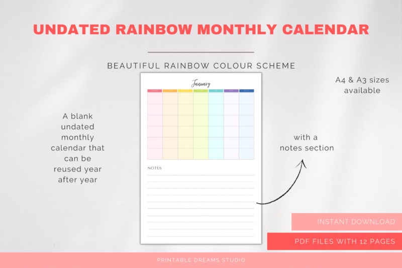 Printable Blank Undated Reusable Rainbow Monthly Calendar with Notes Section | PDF Digital File | A4 & A3 Sizes | Monday/Sunday Start - Image 5