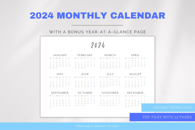 2024 Printable Months-at-a-Glance Monthly Calendar | PDF Digital File | A4 & A3 Sizes | with View of Previous and Next Months on Page - Image 4