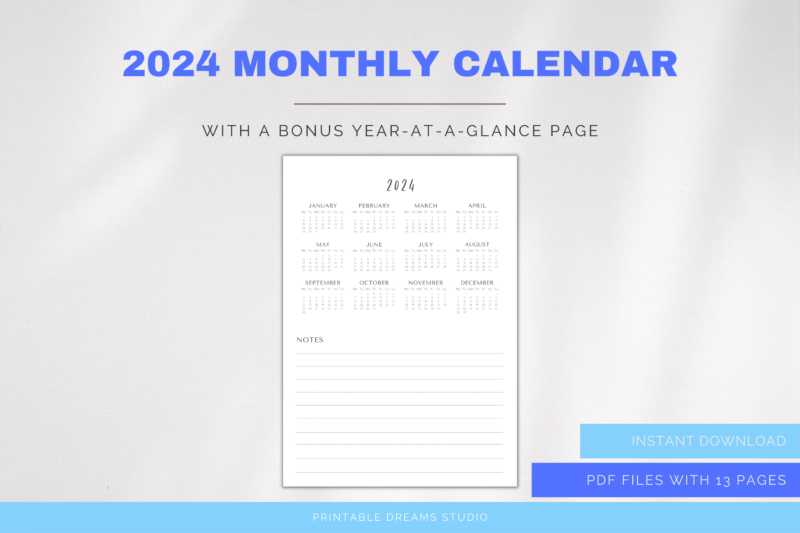 2024 Printable Months-at-a-Glance Monthly Calendar with Notes Section | PDF Digital File | A4 & A3 Sizes | with View of Previous and Next Months on Page - Image 4