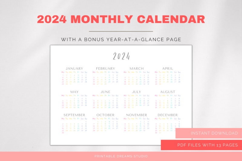 2024 Printable Rainbow Monthly Calendar | PDF Digital File | A4 & A3 Sizes | with View of Previous and Next Months on Page - Image 4