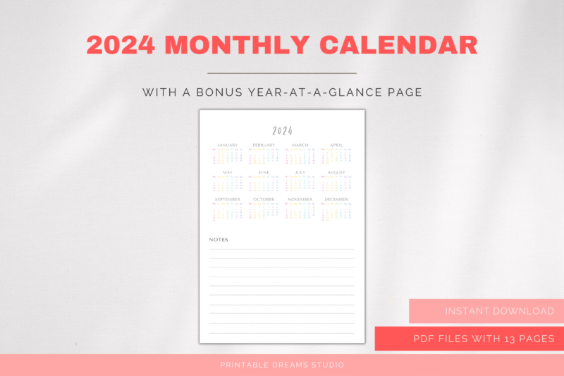 2024 Printable Rainbow Monthly Calendar with Notes Section | PDF Digital File | A4 & A3 Sizes - Image 4