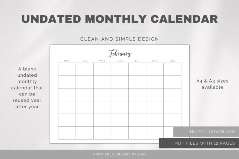 Printable Blank Undated Reusable Monthly Calendar | PDF Digital File | A4 & A3 Sizes | Clean and Simple Design | Monday/Sunday Start - Image 4