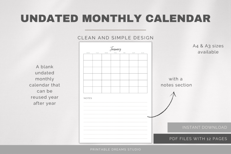 Printable Blank Undated Reusable Monthly Calendar | PDF Digital File | A4 & A3 Sizes | Clean and Simple | Monday/Sunday Start | Notes - Image 5