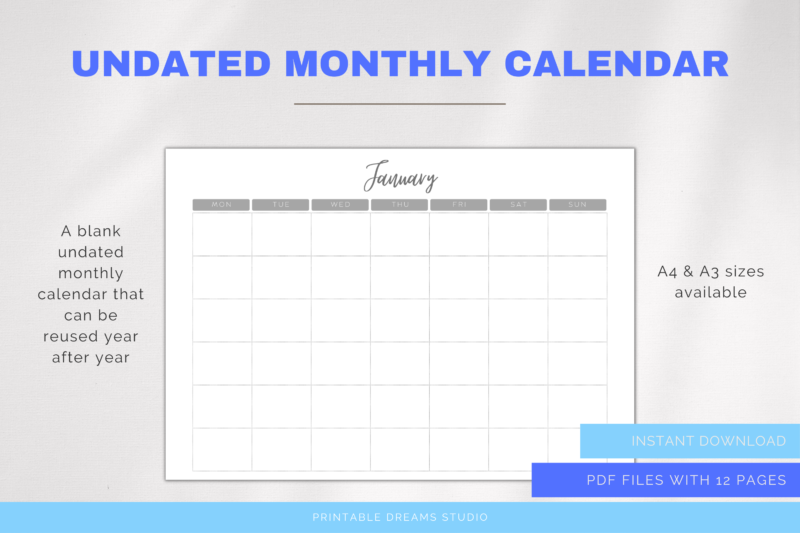 Printable Blank Undated Reusable Grey Monthly Calendar | PDF Digital File | A4 & A3 Sizes | Clean and Simple Design | Monday/Sunday Start - Image 5