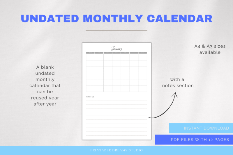 Printable Blank Undated Reusable Grey Monthly Calendar | PDF Digital File | A4 & A3 Sizes | Clean and Simple | Monday/Sunday Start | Notes - Image 5