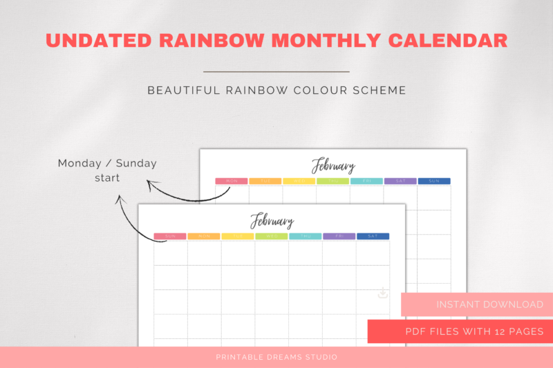 Printable Blank Undated Reusable Rainbow Monthly Calendar | PDF Digital File | A4 & A3 Sizes | Monday/Sunday Start - Image 6