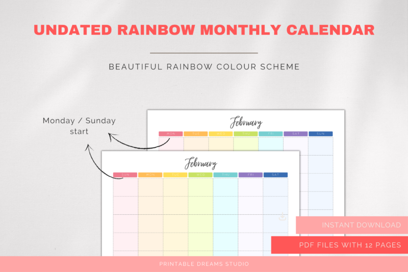 Printable Blank Undated Reusable Rainbow Monthly Calendar | PDF Digital File | A4 & A3 Sizes | Monday/Sunday Start - Image 6