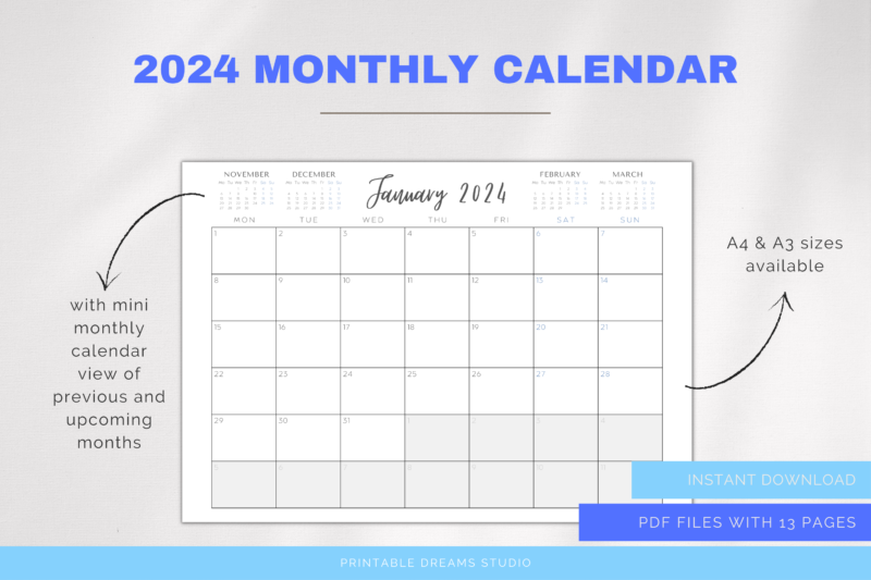 2024 Printable Months-at-a-Glance Monthly Calendar | PDF Digital File | A4 & A3 Sizes | with View of Previous and Next Months on Page - Image 5