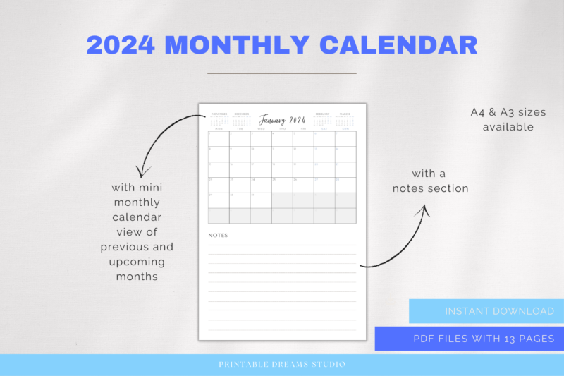 2024 Printable Months-at-a-Glance Monthly Calendar with Notes Section | PDF Digital File | A4 & A3 Sizes | with View of Previous and Next Months on Page - Image 5