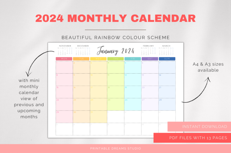 2024 Printable Rainbow Monthly Calendar | PDF Digital File | A4 & A3 Sizes | with View of Previous and Next Months on Page - Image 5