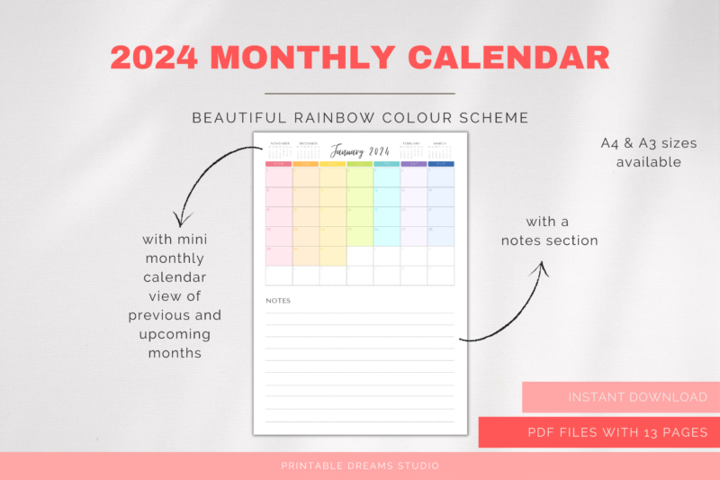 2024 Printable Rainbow Monthly Calendar with Notes Section | PDF Digital File | A4 & A3 Sizes - Image 5