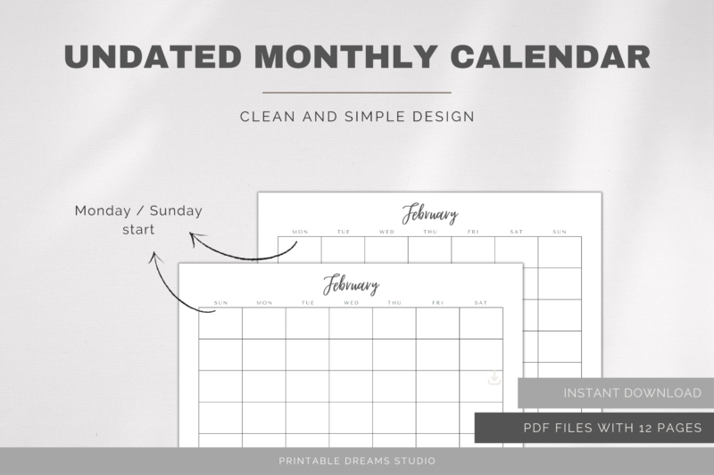 Printable Blank Undated Reusable Monthly Calendar | PDF Digital File | A4 & A3 Sizes | Clean and Simple | Monday/Sunday Start | Notes - Image 6