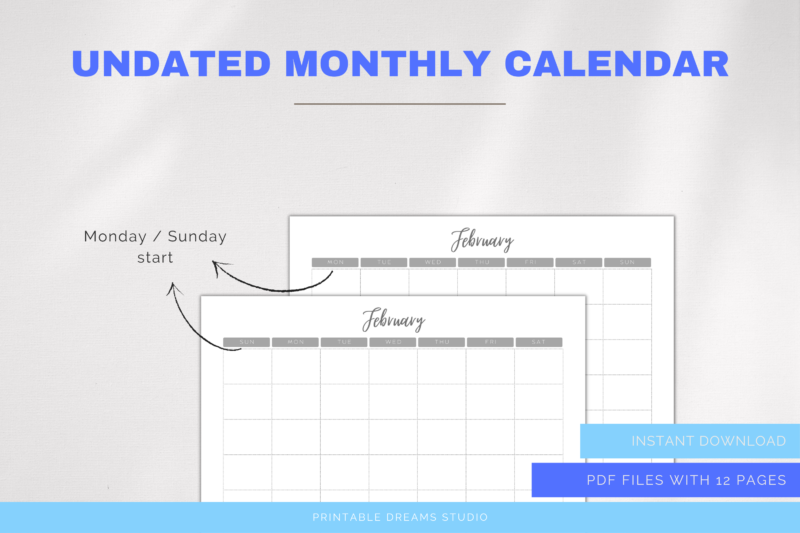 Printable Blank Undated Reusable Grey Monthly Calendar | PDF Digital File | A4 & A3 Sizes | Clean and Simple Design | Monday/Sunday Start - Image 6