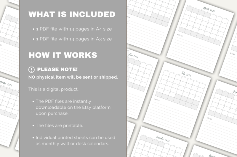 2024 Printable Monthly Calendar with Notes Section | PDF Digital File | A4 & A3 Sizes | Clean and Simple Minimalist Design - Image 6