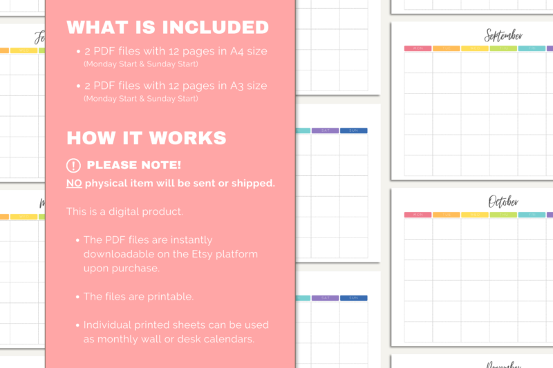 Printable Blank Undated Reusable Rainbow Monthly Calendar | PDF Digital File | A4 & A3 Sizes | Monday/Sunday Start - Image 7