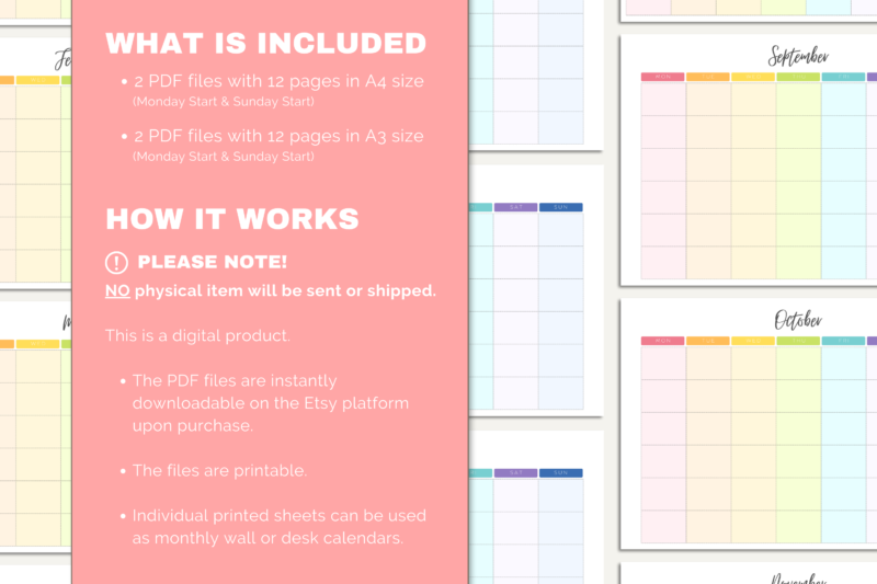 Printable Blank Undated Reusable Rainbow Monthly Calendar | PDF Digital File | A4 & A3 Sizes | Monday/Sunday Start - Image 7