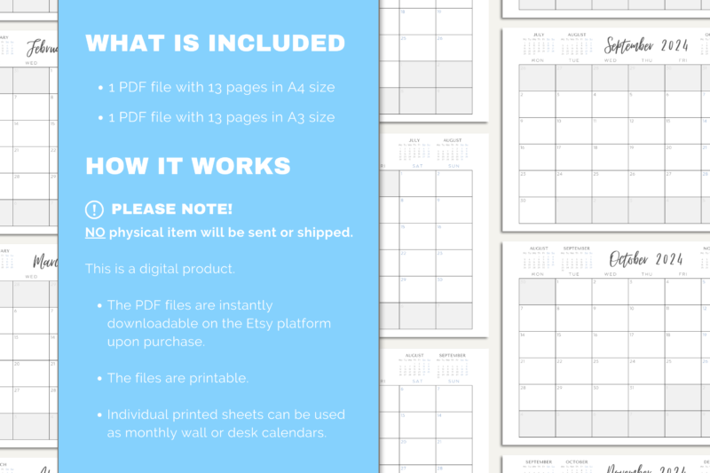 2024 Printable Months-at-a-Glance Monthly Calendar | PDF Digital File | A4 & A3 Sizes | with View of Previous and Next Months on Page - Image 6